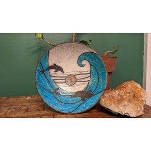 Vintage Italian Raku Pottery Bowl - Ocean Scene with Dolphins